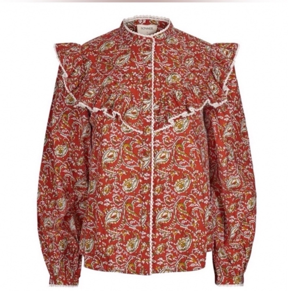 Sonmer Dorothy Blouse Terracotta Paisley Ruffle Crochet Lace Cotton Top S